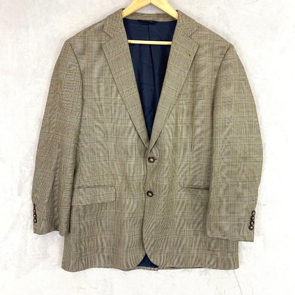 Brooks Brothers 1818 Madison Silk Wool Suit Jacket Size 42R Brown Blue Plaid
